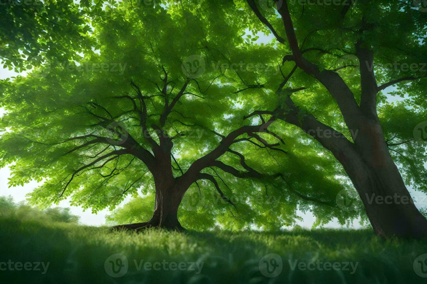 two trees in a green field with grass. AI-Generated photo