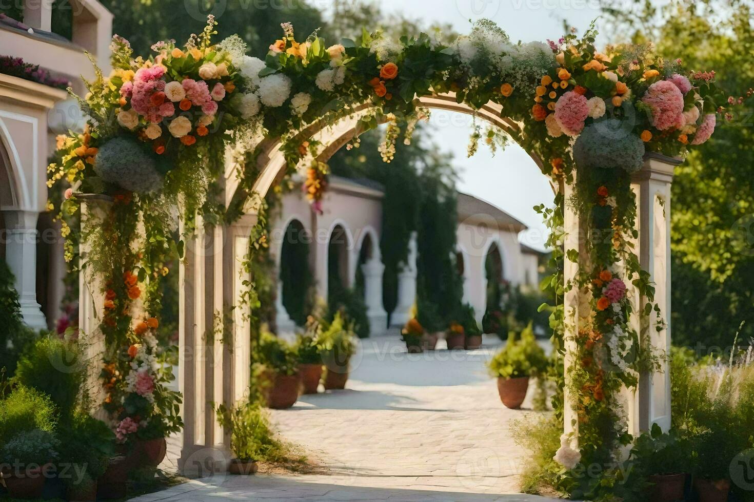 an archway with flowers and plants in front of a building. AI-Generated photo