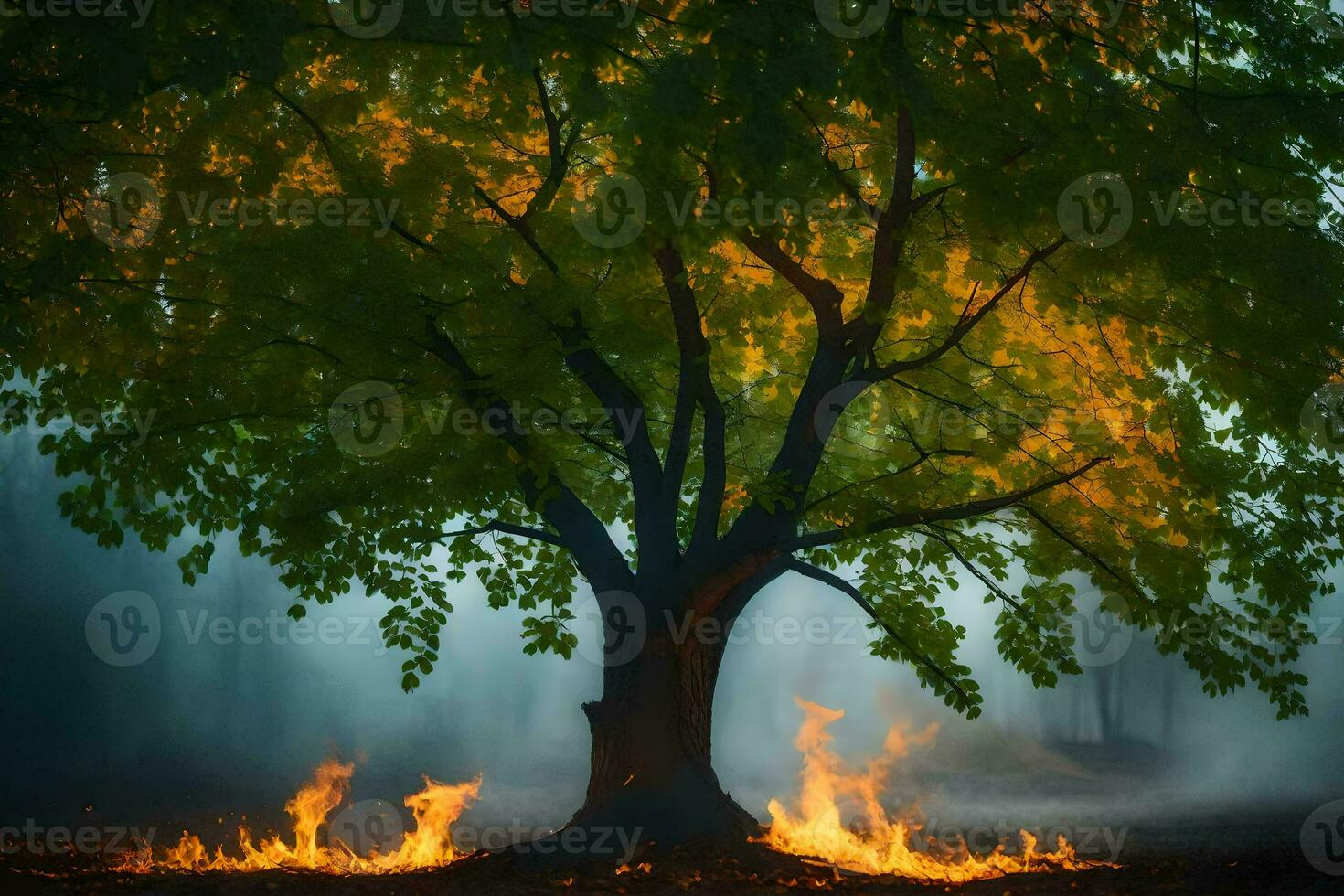 photo wallpaper the sky, tree, fire, fog, the dark, the light, the tree. AI-Generated