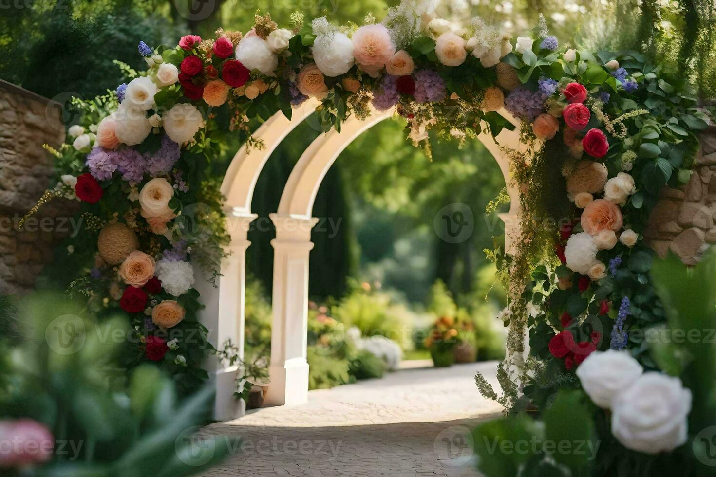 an archway with flowers and greenery. AI-Generated photo