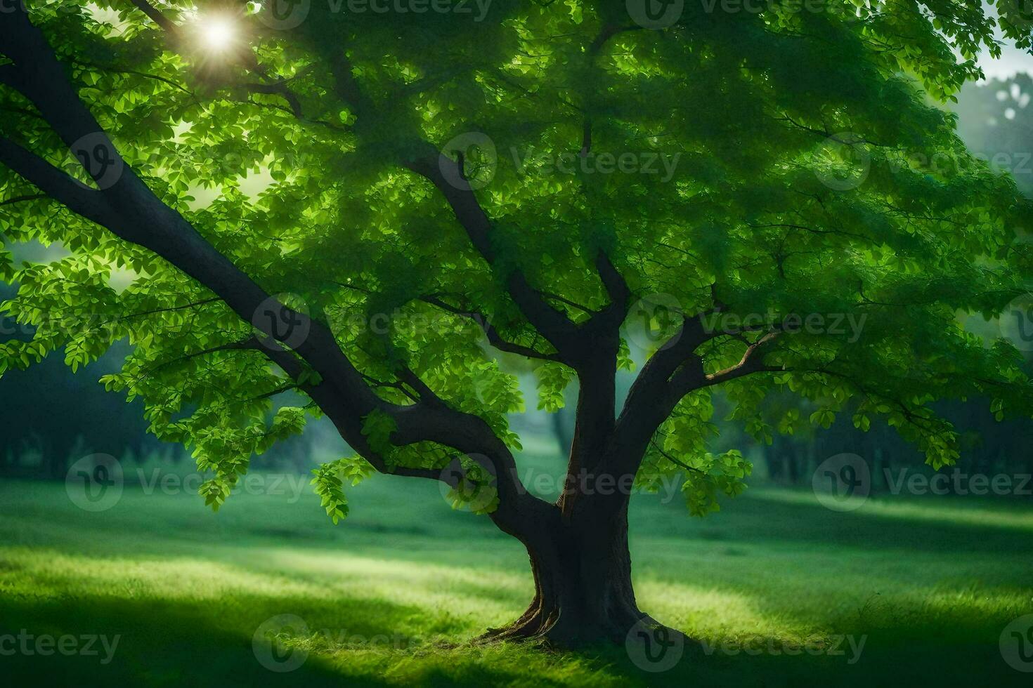 a tree in a green field with the sun shining through it. AI-Generated photo