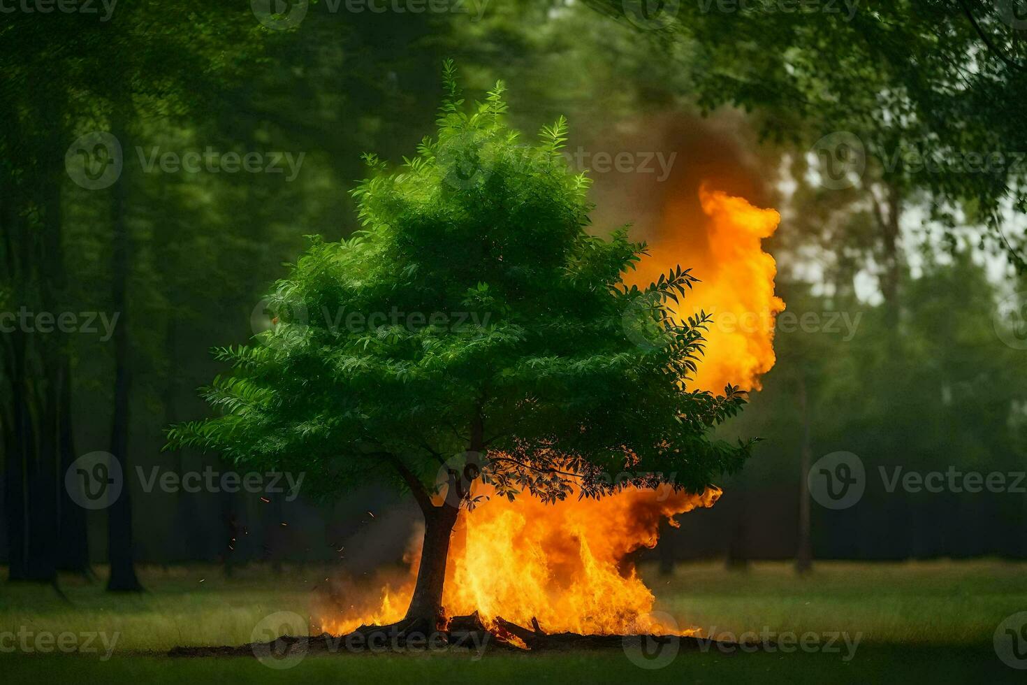 a tree is burning in the middle of a field. AI-Generated photo