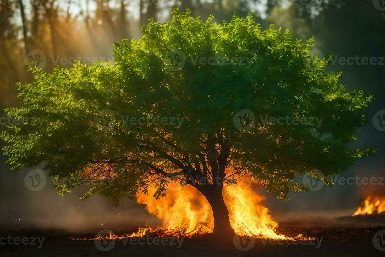 a tree is burning in the middle of a field. AI-Generated photo