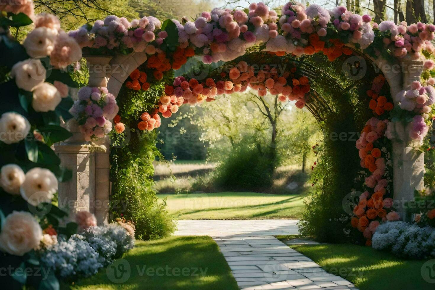 a walkway with flowers and archway leading to a garden. AI-Generated photo