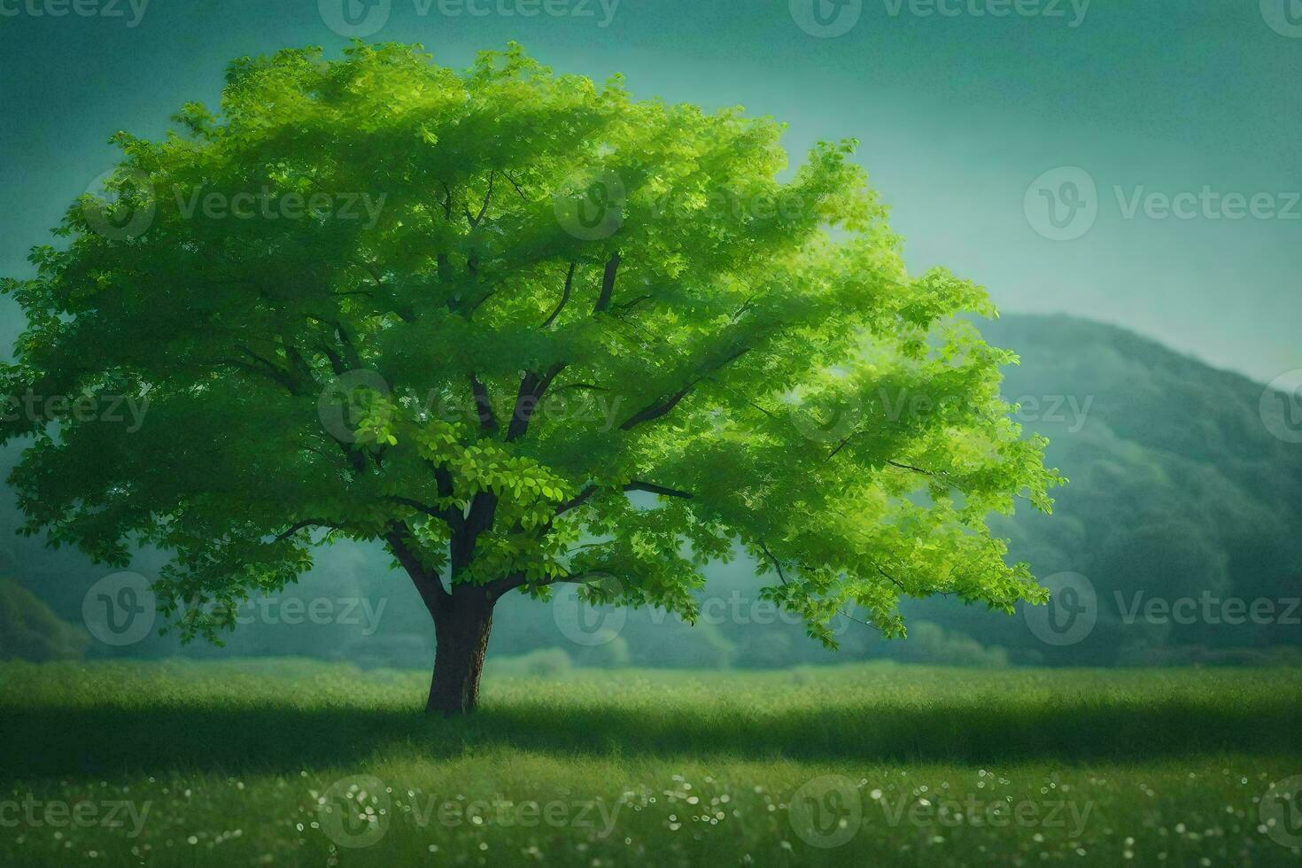 a tree in a field with green leaves. AI-Generated photo
