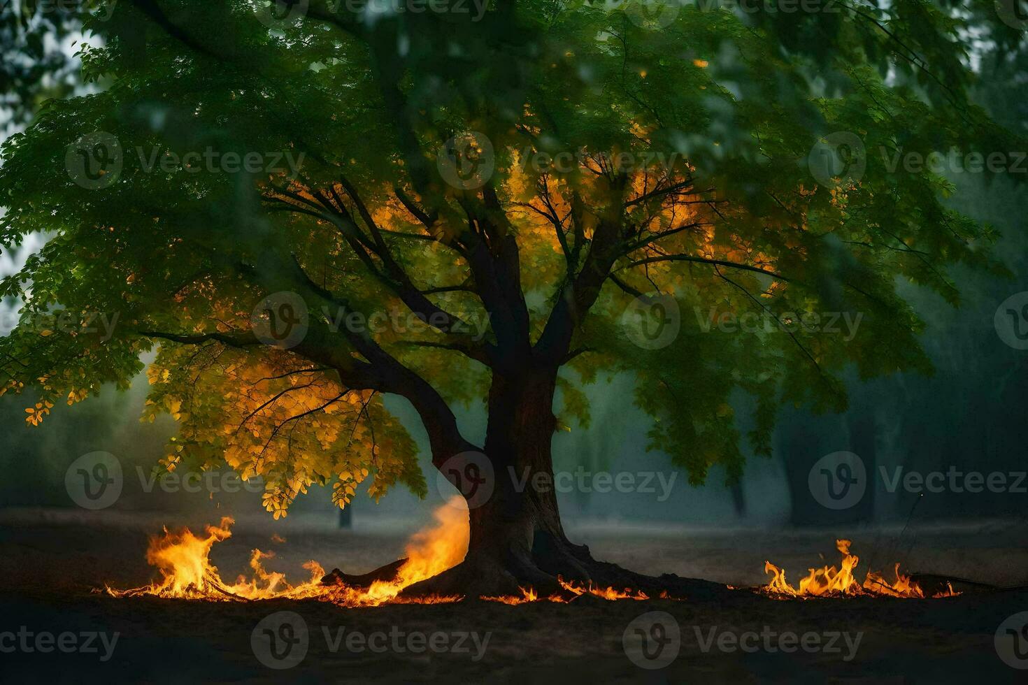 a tree with flames coming out of it in the middle of the forest. AI-Generated photo