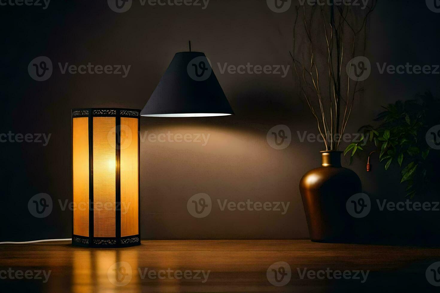 a lamp and a vase on a table. AI-Generated photo