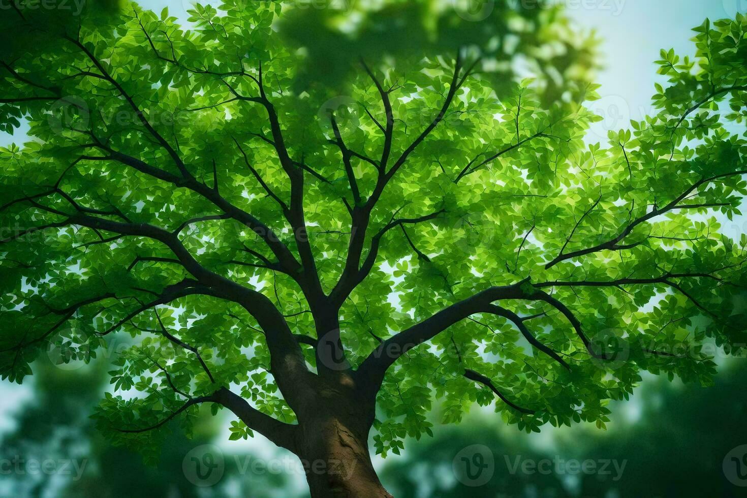 a tree is shown in the foreground with green leaves. AI-Generated photo