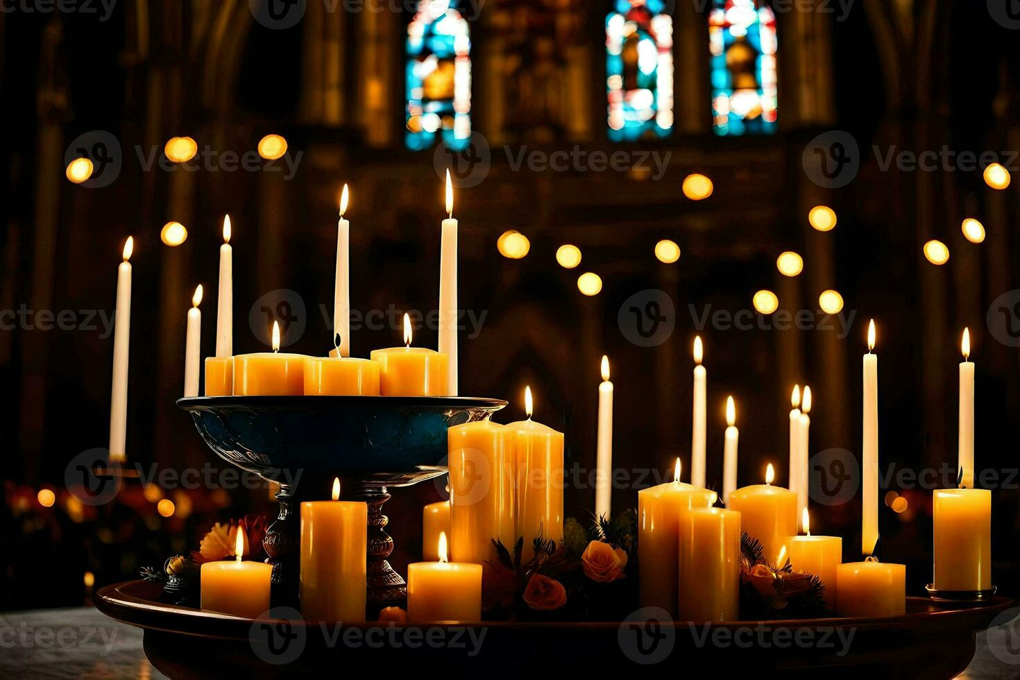 candles are lit in front of a church. AI-Generated photo