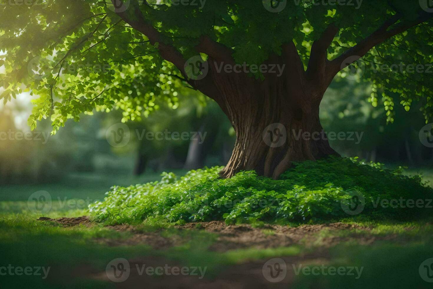 a tree in the middle of a field with sunlight shining through it. AI-Generated photo