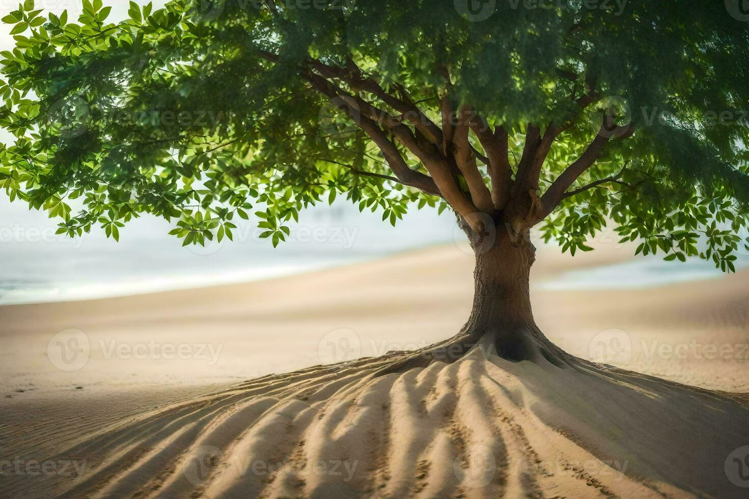 a tree with its roots in the sand. AI-Generated photo
