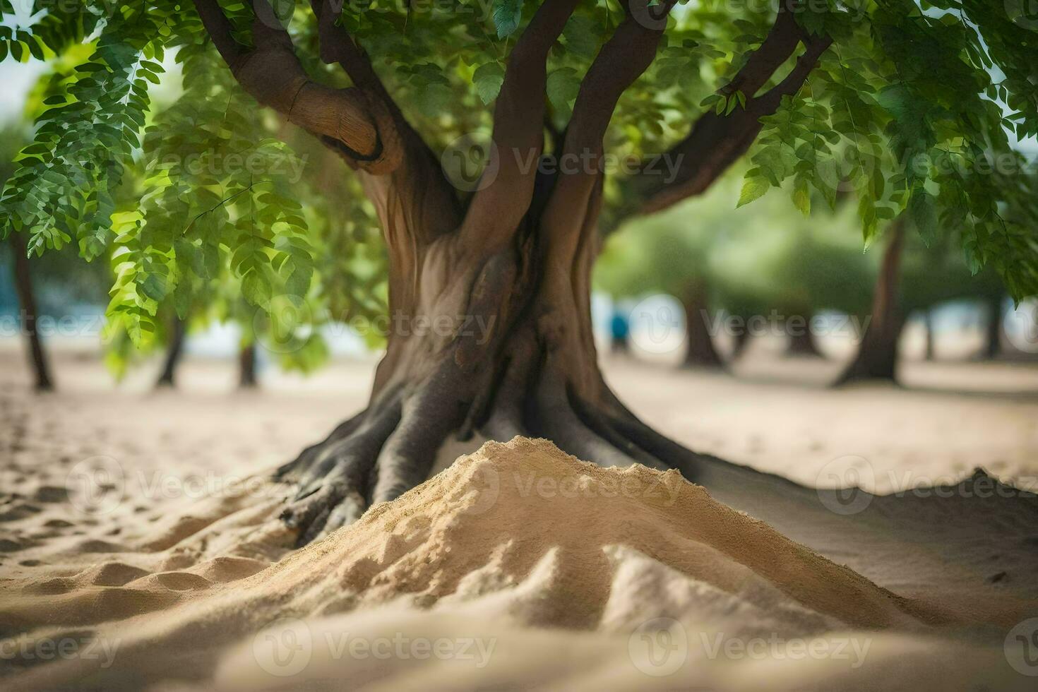 a tree with sand on the ground in the middle of the sand. AI-Generated photo