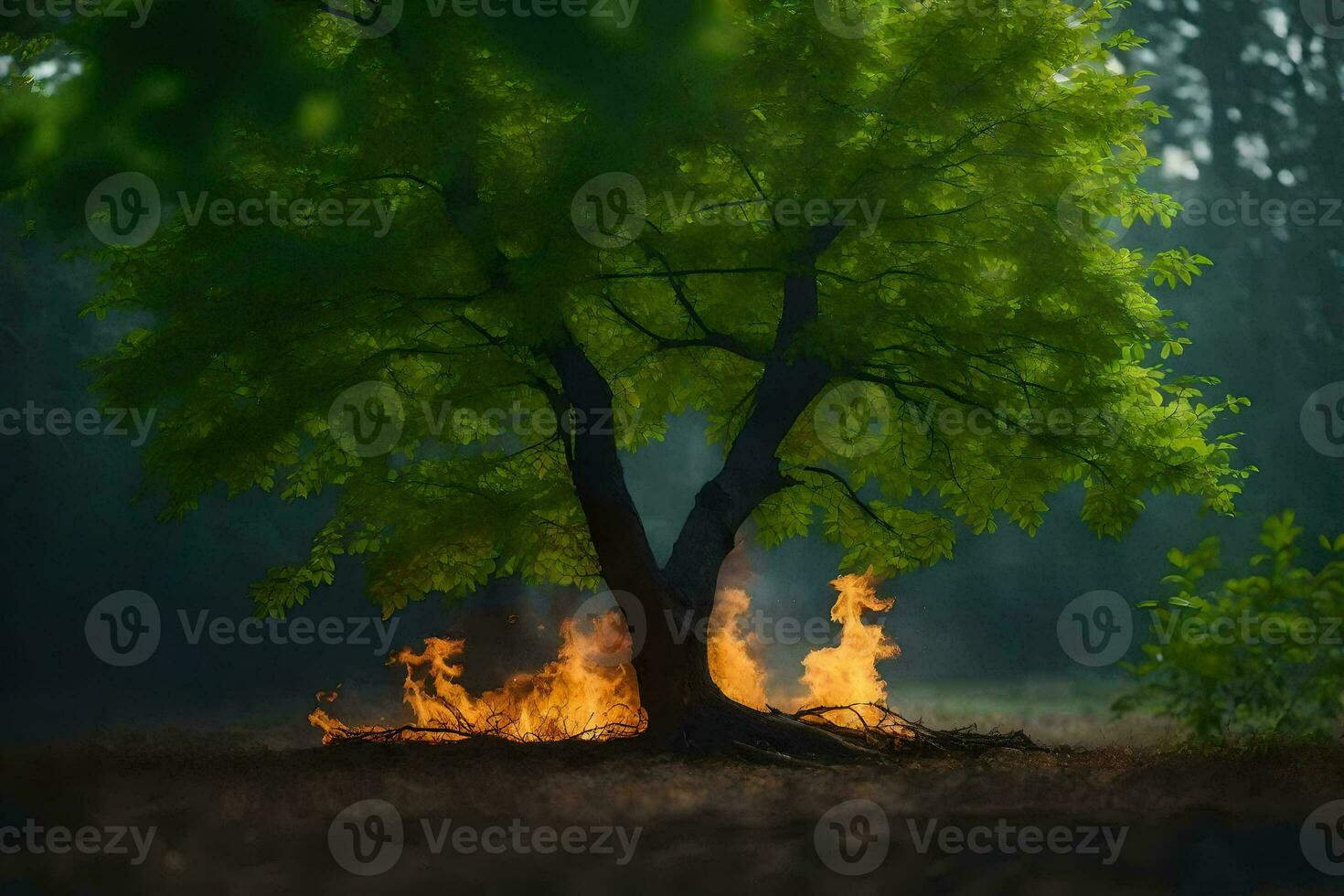 a tree with flames coming out of it in the middle of a field. AI-Generated photo