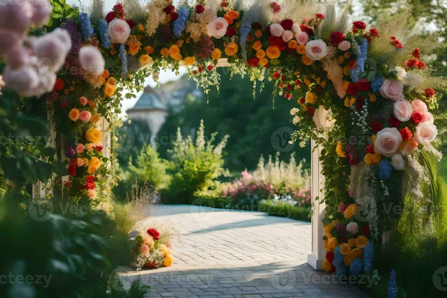 a flower archway is decorated with colorful flowers. AI-Generated photo
