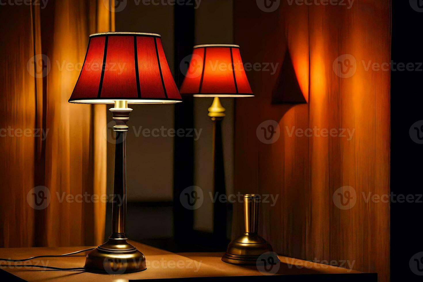 two lamps on a table in front of a curtain. AI-Generated photo