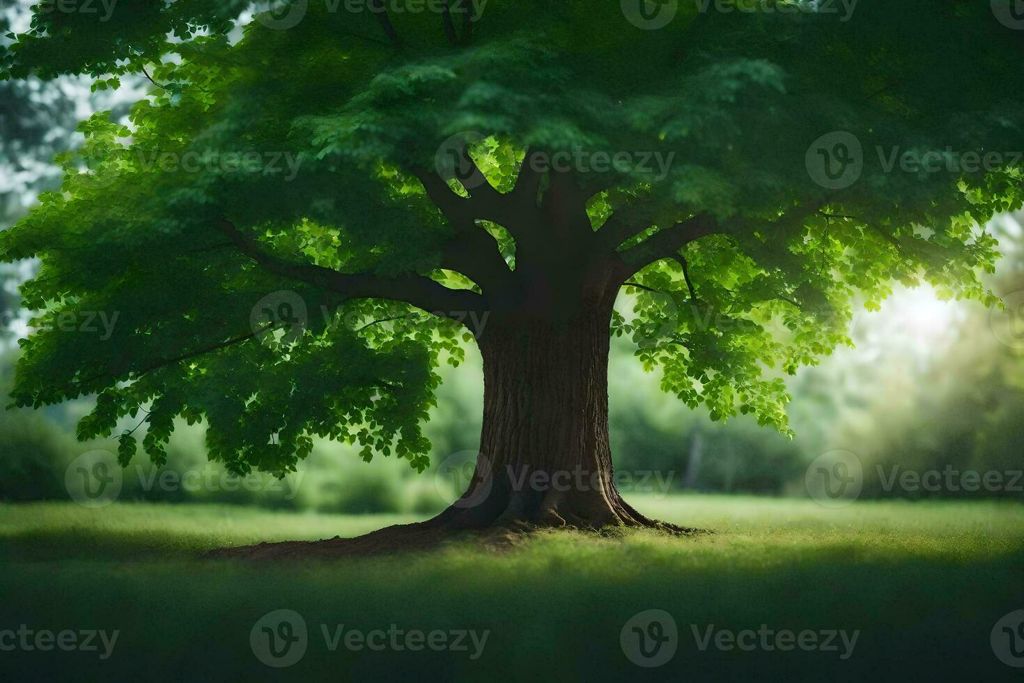 un grande árbol en el medio de un campo. generado por ai foto