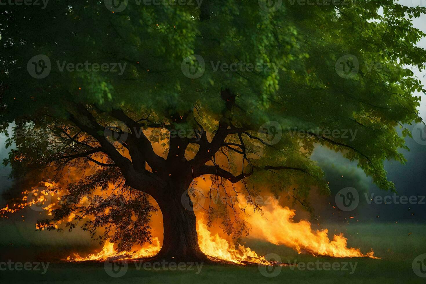 a tree with flames coming out of it in the middle of a field. AI-Generated photo