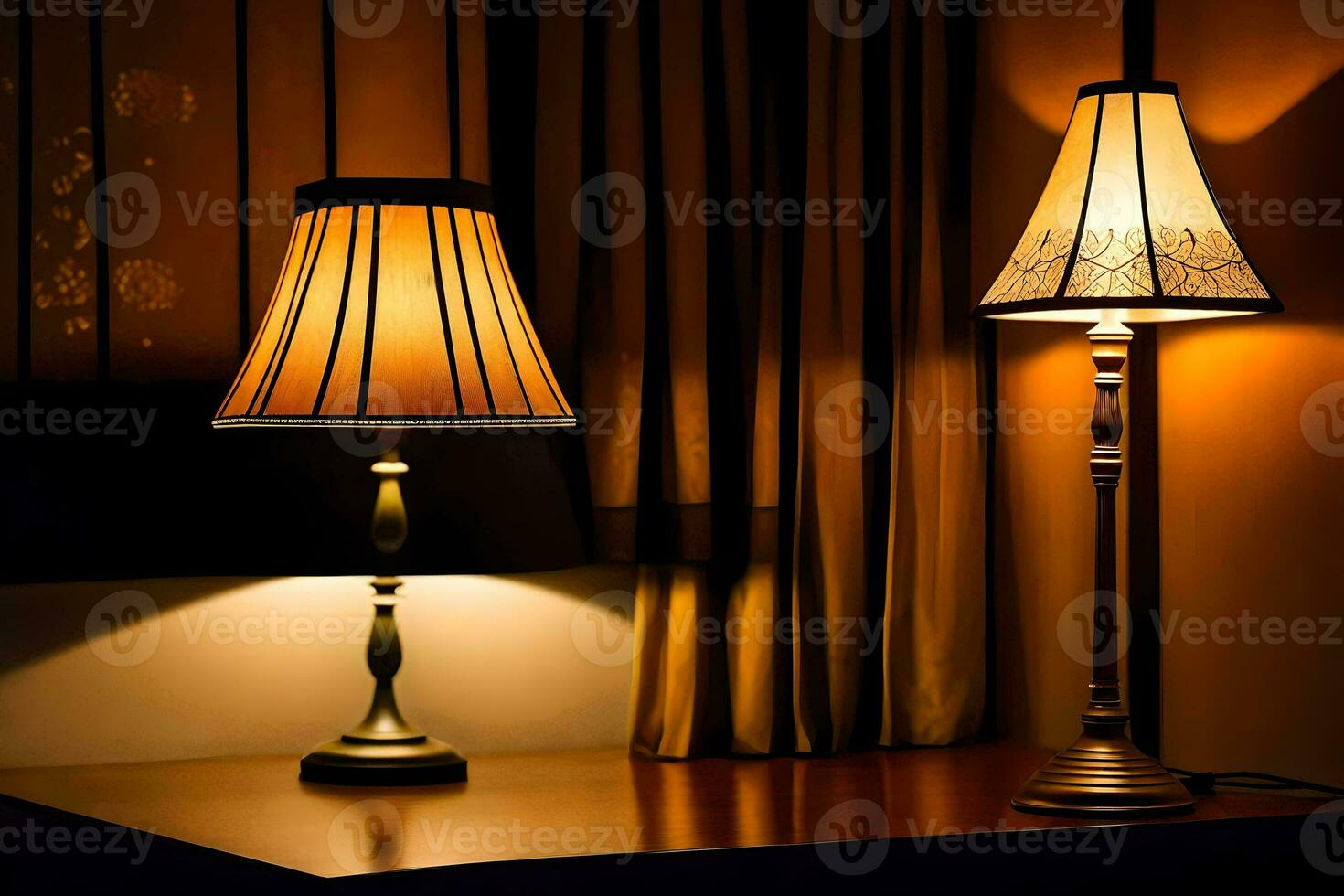 two lamps on a table in front of a window. AI-Generated photo