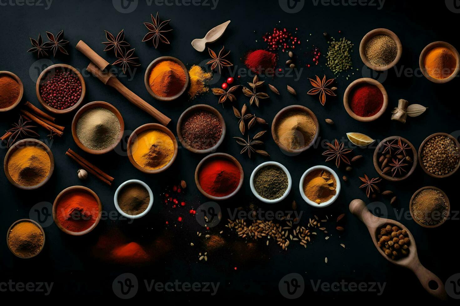 various spices and herbs in bowls on a black background. AI-Generated photo