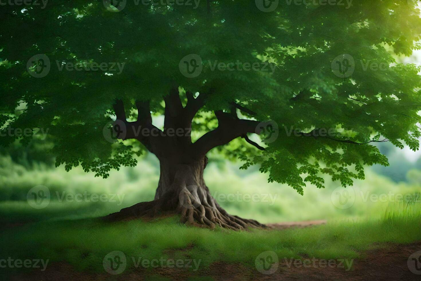 a tree is standing in the middle of a field. AI-Generated photo