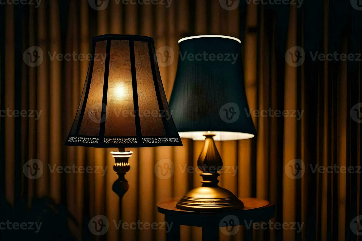 two lamps on a table in a dark room. AI-Generated photo