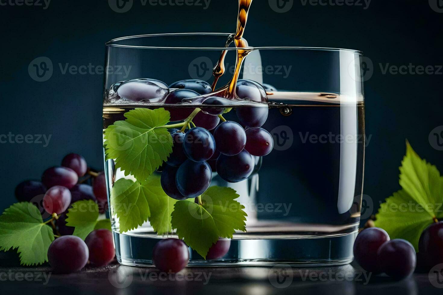a glass of water with grapes and leaves. AI-Generated photo