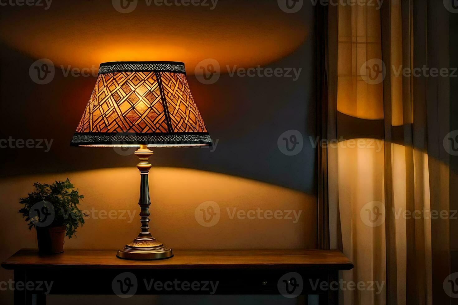 a lamp on a table in front of a window. AI-Generated photo