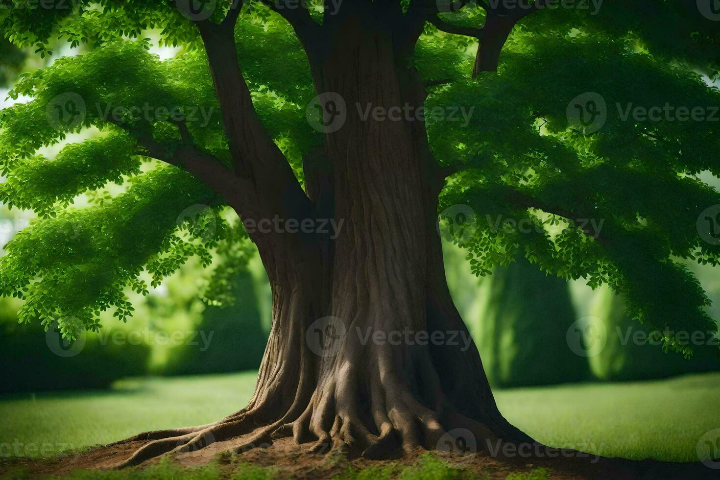 a large tree with green leaves in the middle of a field. AI-Generated photo