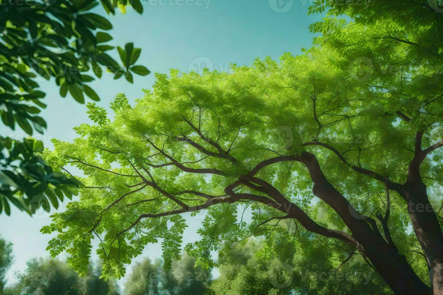 a tree with green leaves and a blue sky. AI-Generated photo