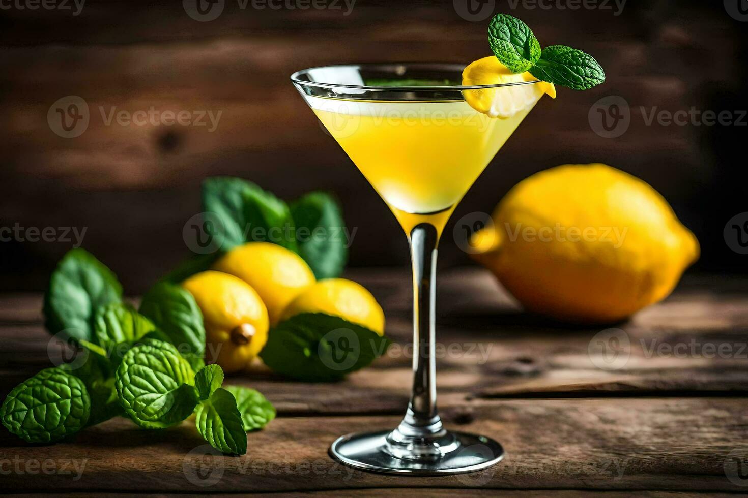 a cocktail with lemon and mint on a wooden table. AI-Generated photo