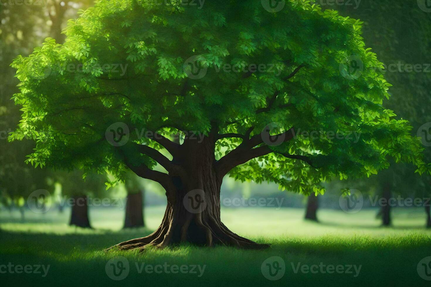 a tree in the middle of a green field. AI-Generated photo