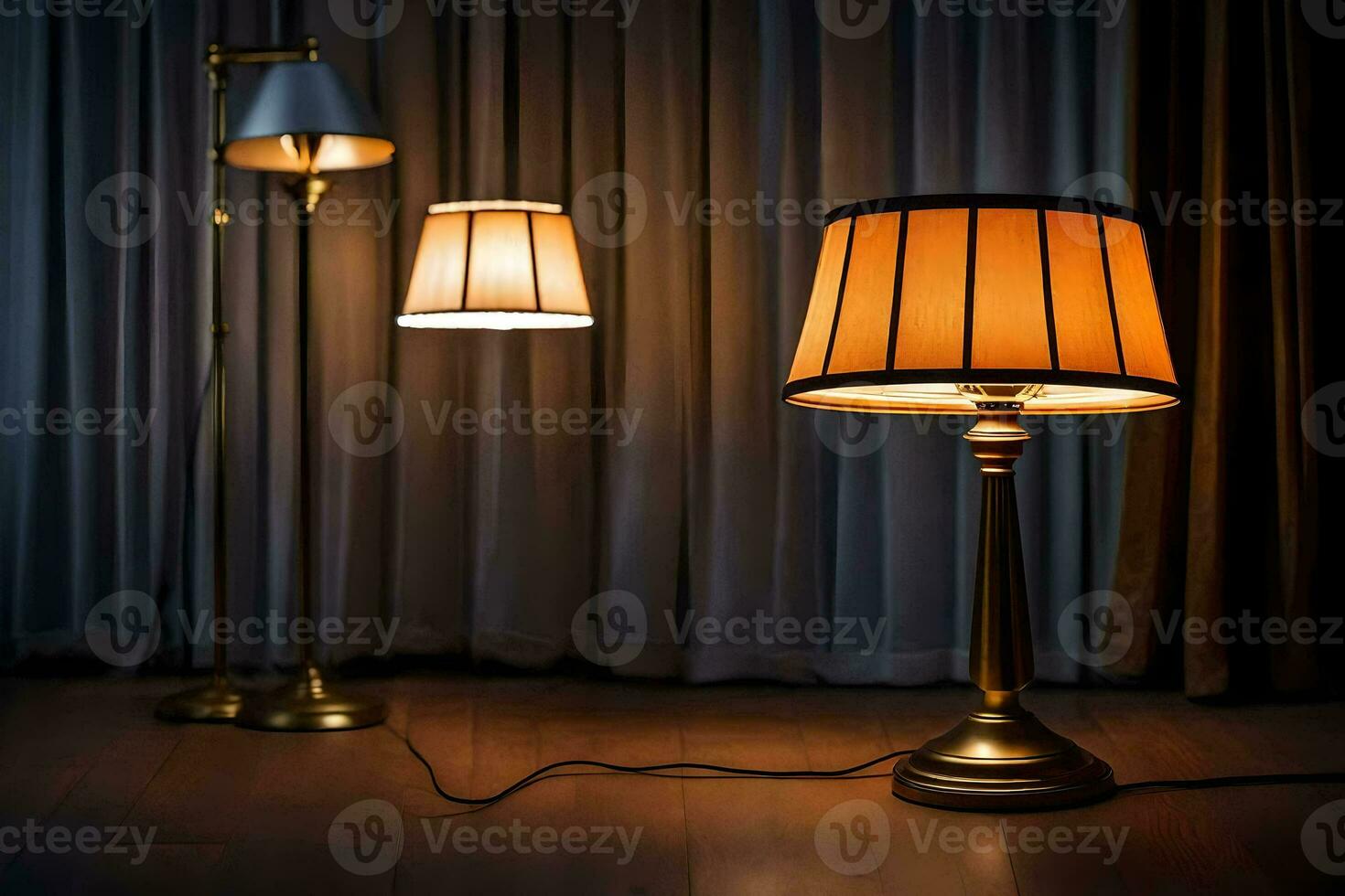 two lamps are on a table in front of a curtain. AI-Generated photo