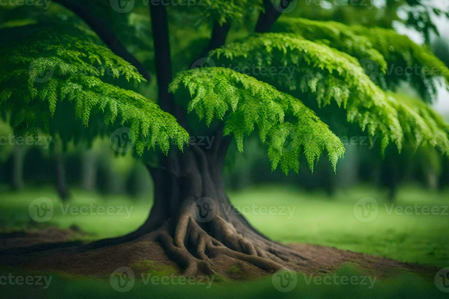 a tree with green leaves and roots in the middle of a field. AI-Generated photo