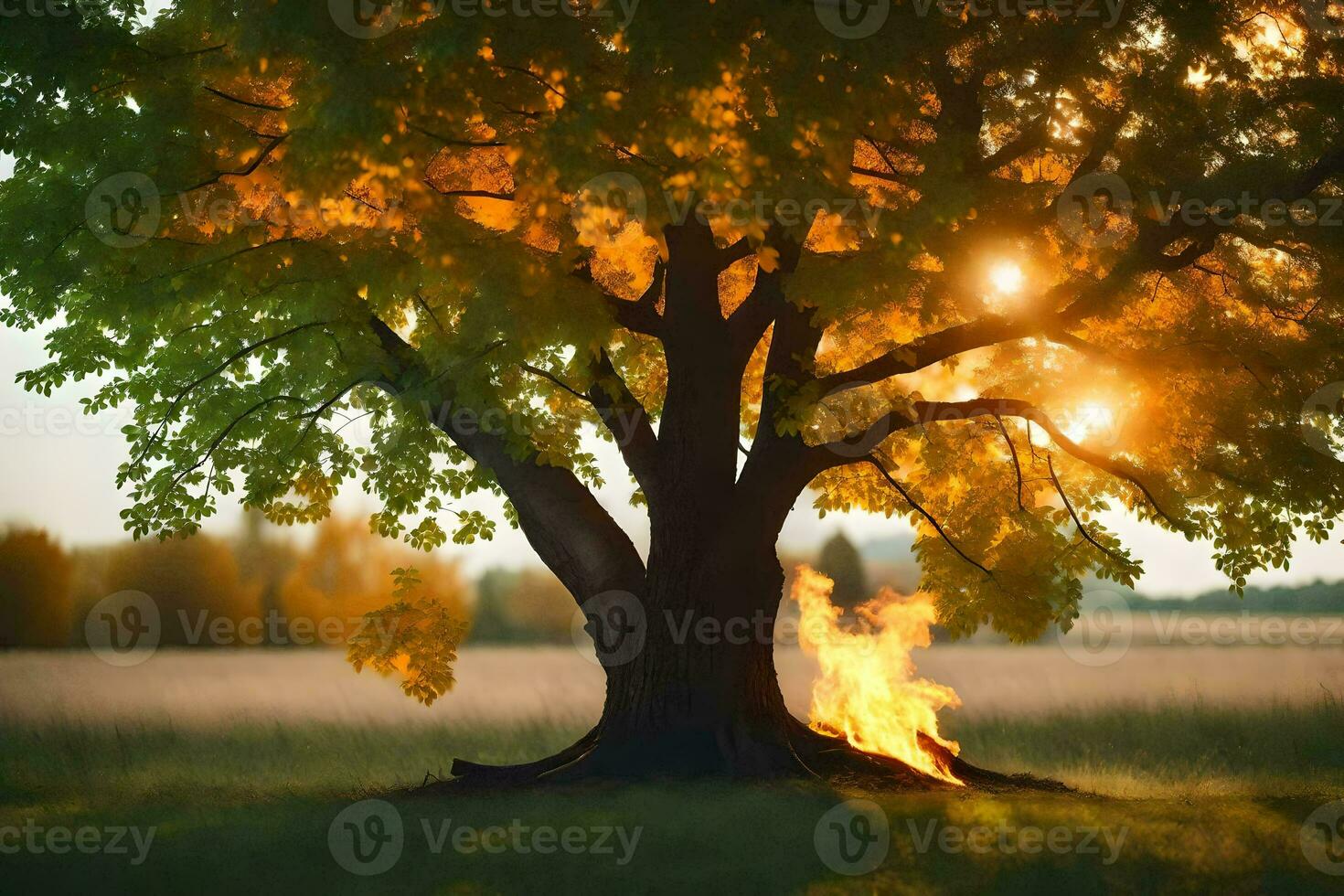 a tree with flames coming out of it in the middle of a field. AI-Generated photo