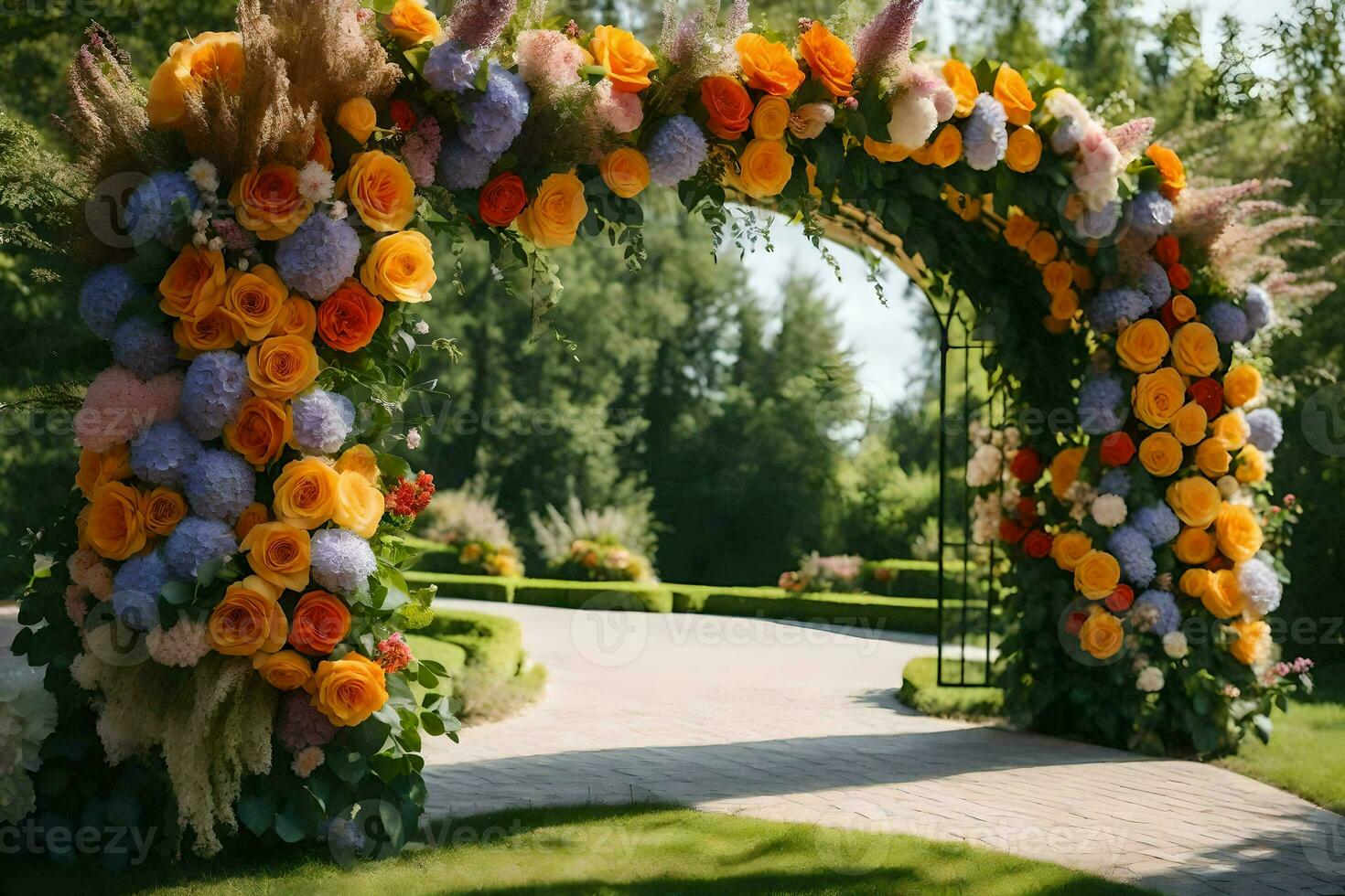 an archway decorated with flowers in the park. AI-Generated photo