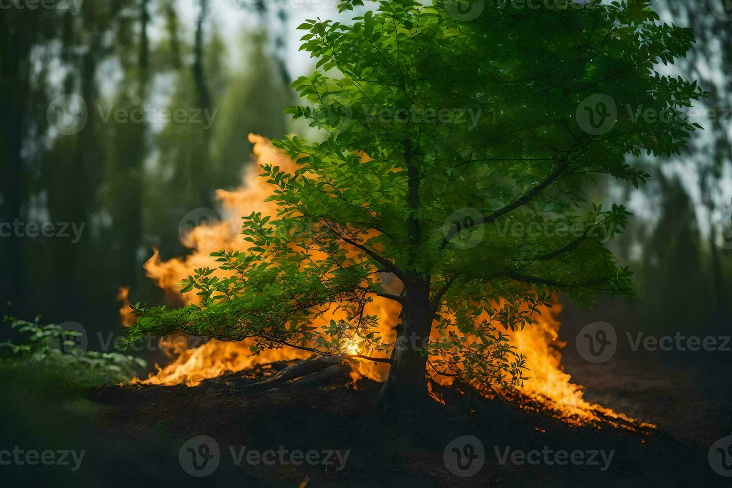 a tree is burning in the forest. AI-Generated photo