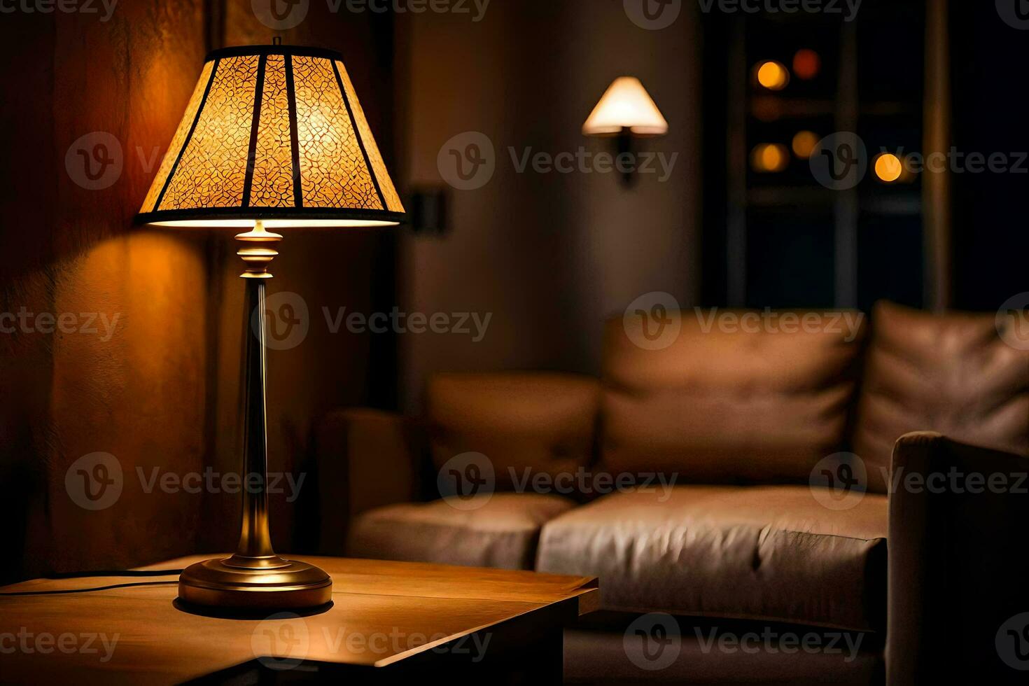a lamp is on a table in front of a couch. AI-Generated photo