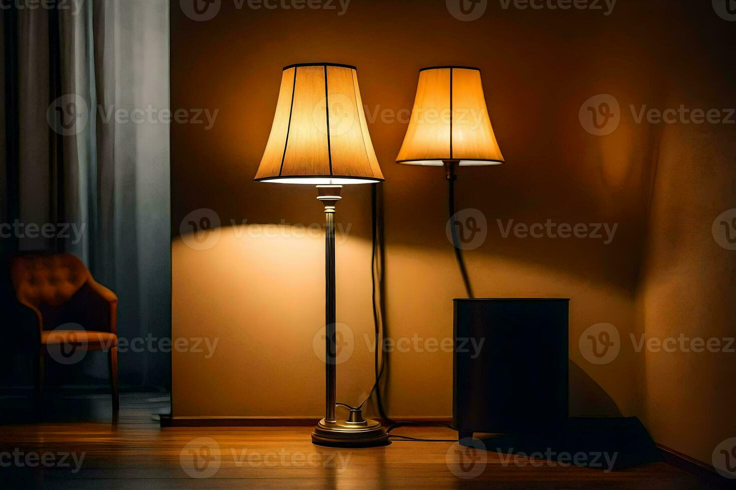 two lamps sit on a wooden floor in a dark room. AI-Generated photo