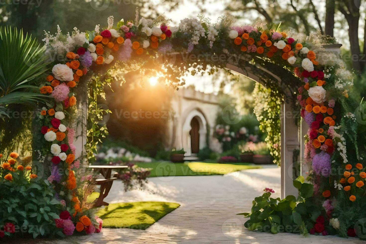 an archway with flowers and greenery in the sun. AI-Generated photo