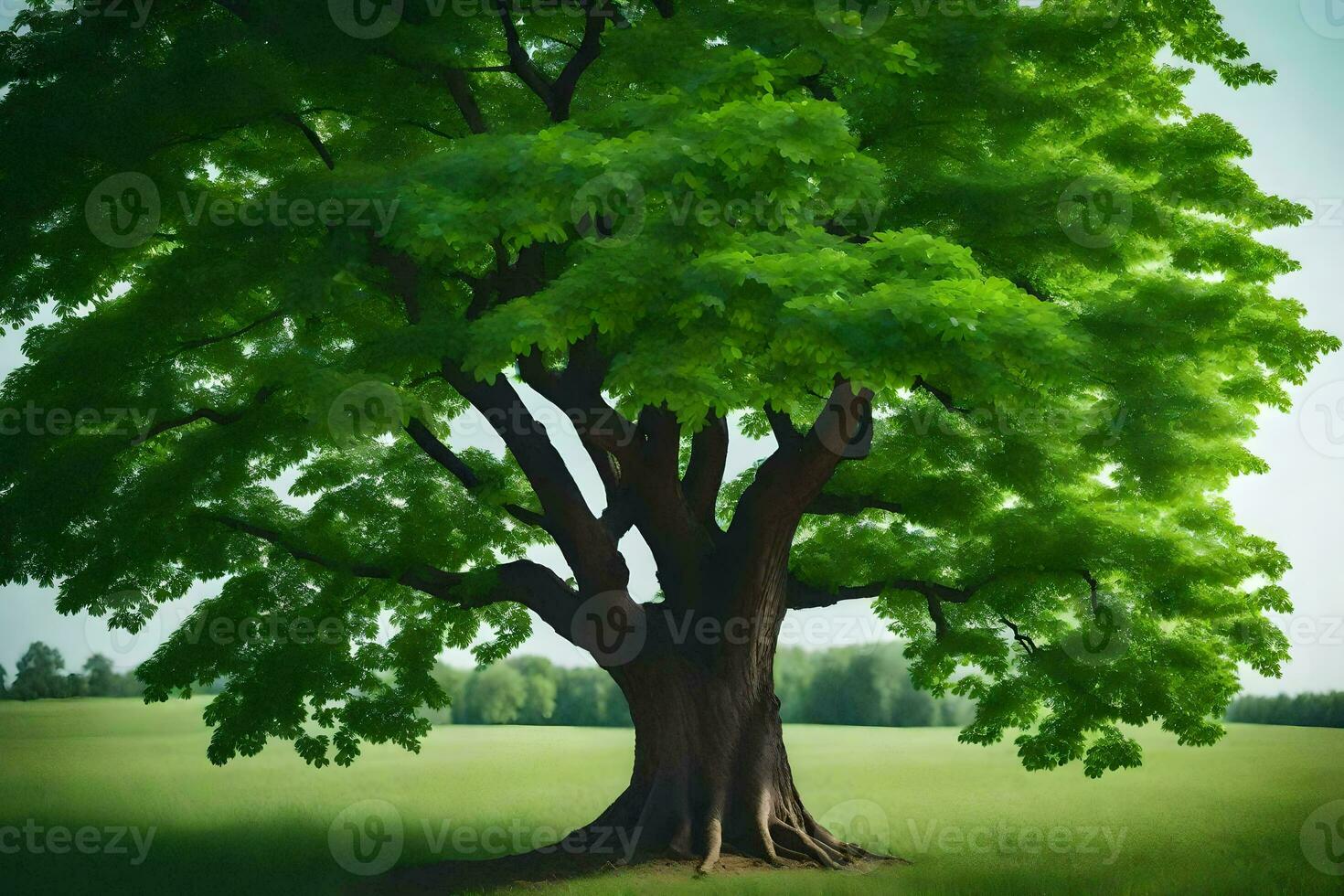 a large tree in a field with green leaves. AI-Generated photo