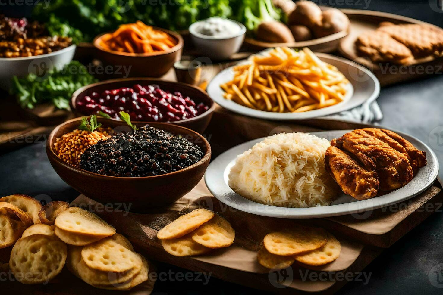 un mesa con varios comidas incluso papas, arroz, y carne. generado por ai foto