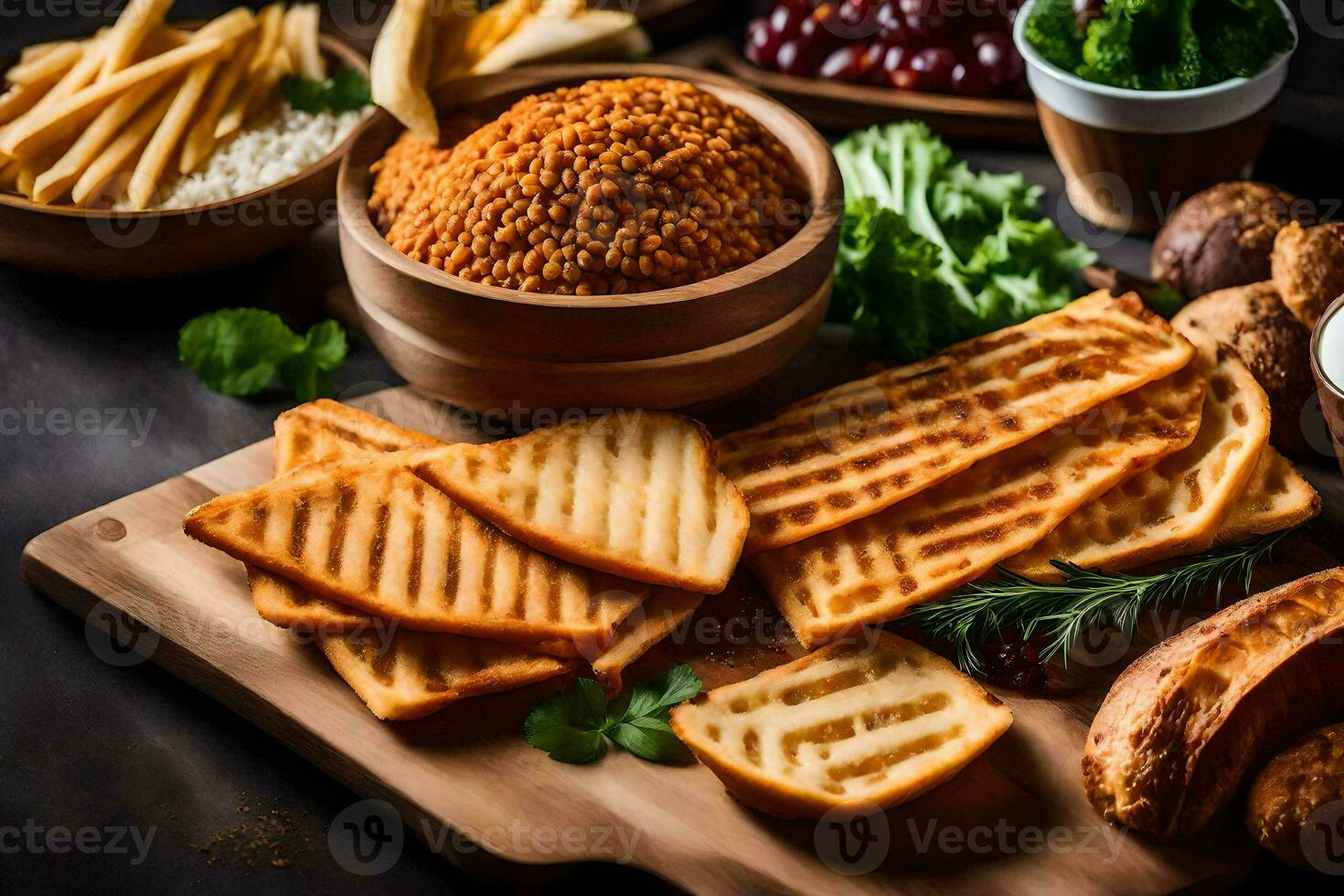 a wooden board with bread, cheese and other foods. AI-Generated photo