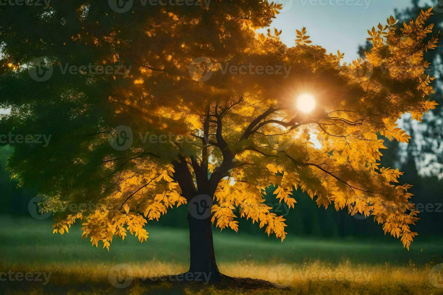 a tree in the middle of a field with the sun shining through it. AI-Generated photo