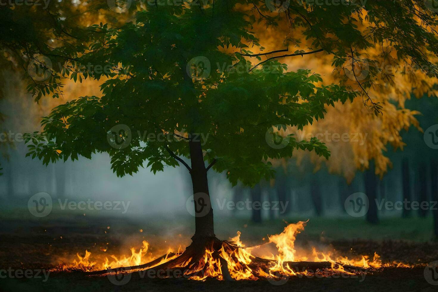 a tree with flames and smoke coming from it. AI-Generated photo