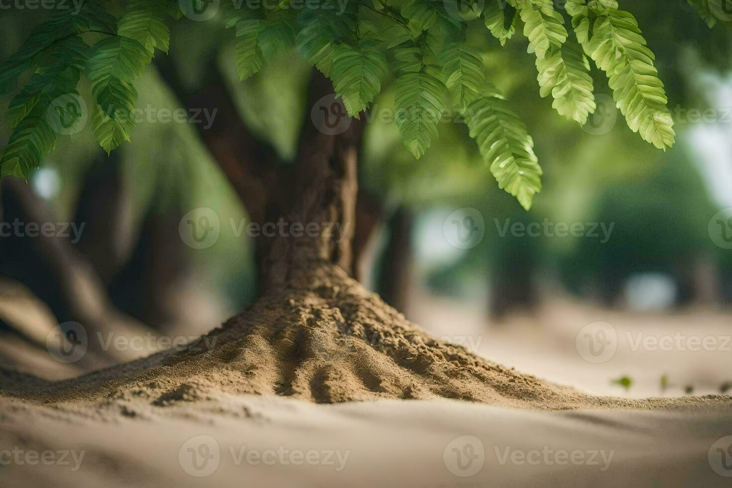 a tree with roots growing out of the sand. AI-Generated photo