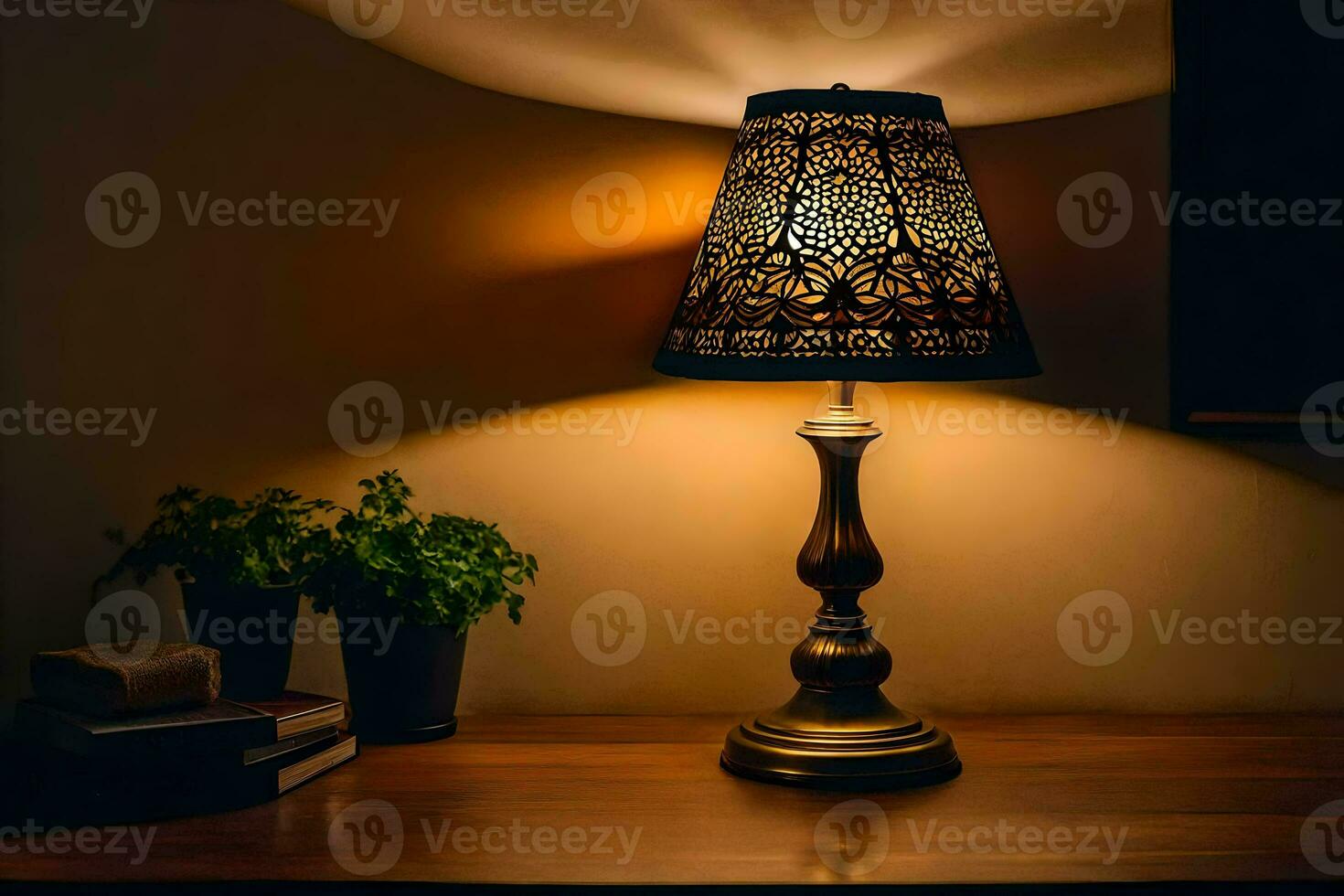 a lamp on a table with a plant on it. AI-Generated photo