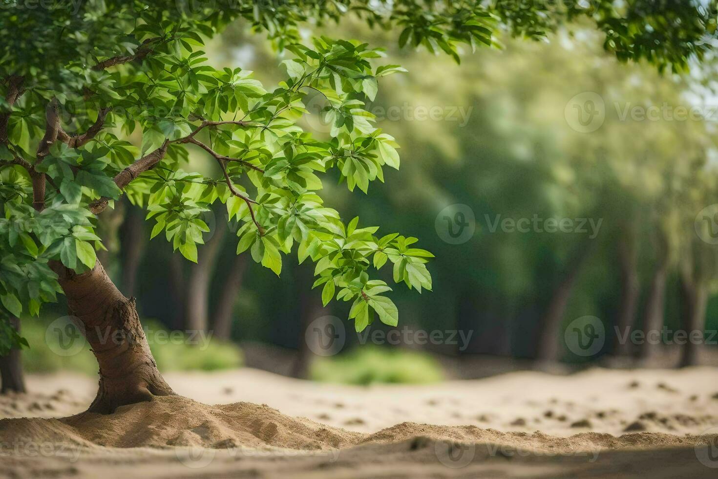 a tree growing out of the sand in the middle of a field. AI-Generated photo