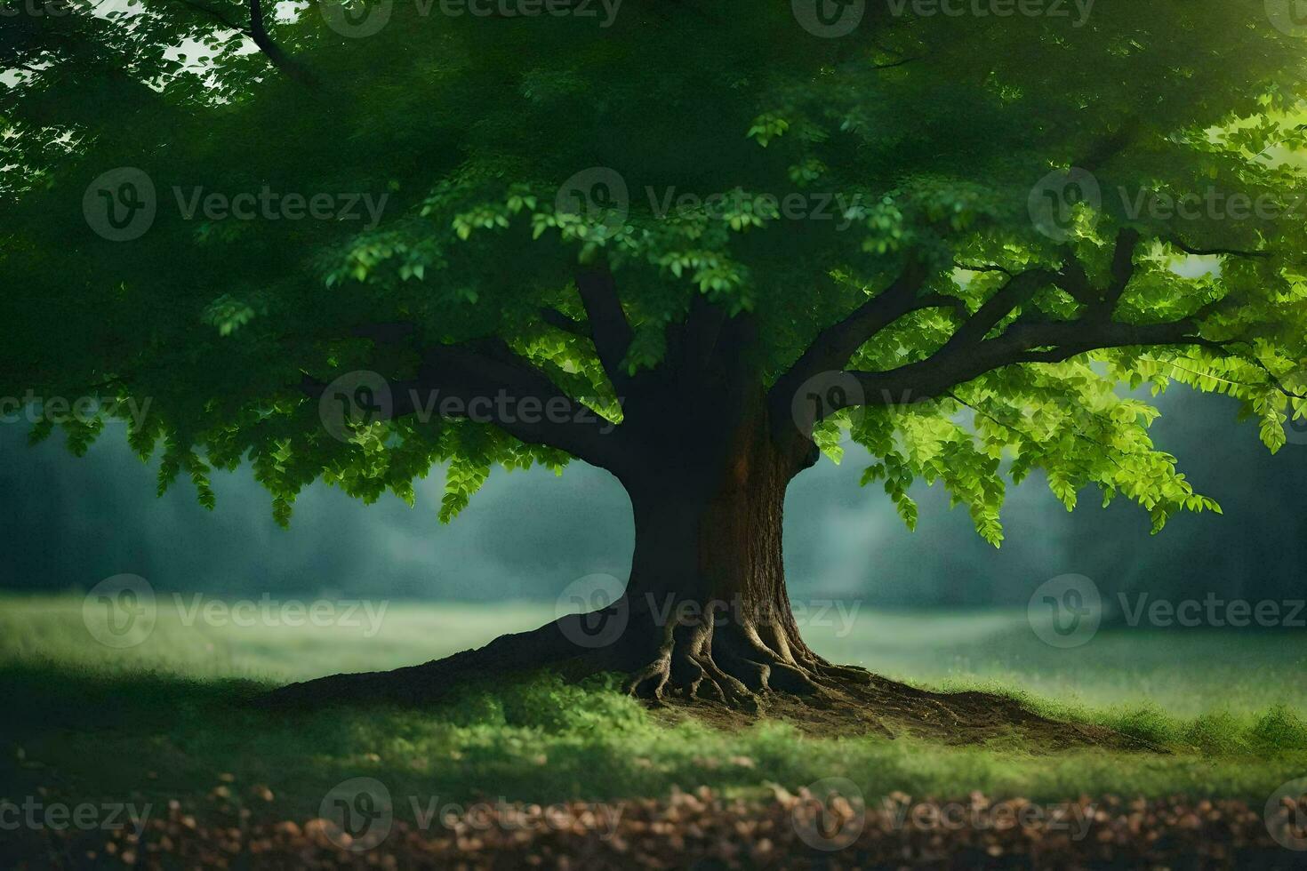 a tree with roots in the grass. AI-Generated photo
