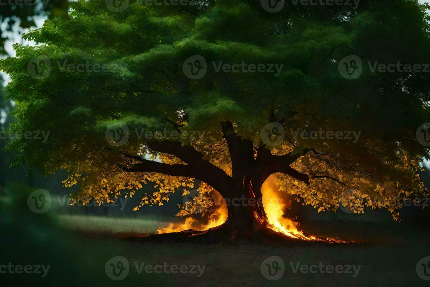 a large tree with flames coming out of it. AI-Generated photo