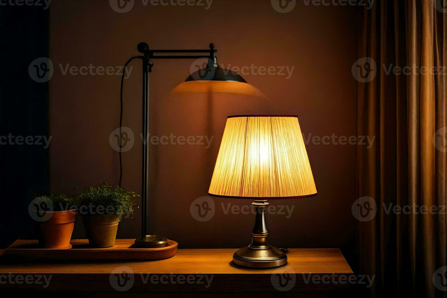 a lamp and a table with a plant on it. AI-Generated photo